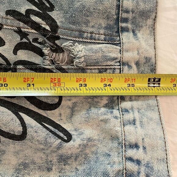 Thrill Acid Wash Long Duster Jean Jacket Womens Medium Graphic Print Distressed - Picture 7 of 12